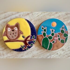 Coasters (2) Southwest Theme Owl and Cactus. Handmade, cork back terracotta.